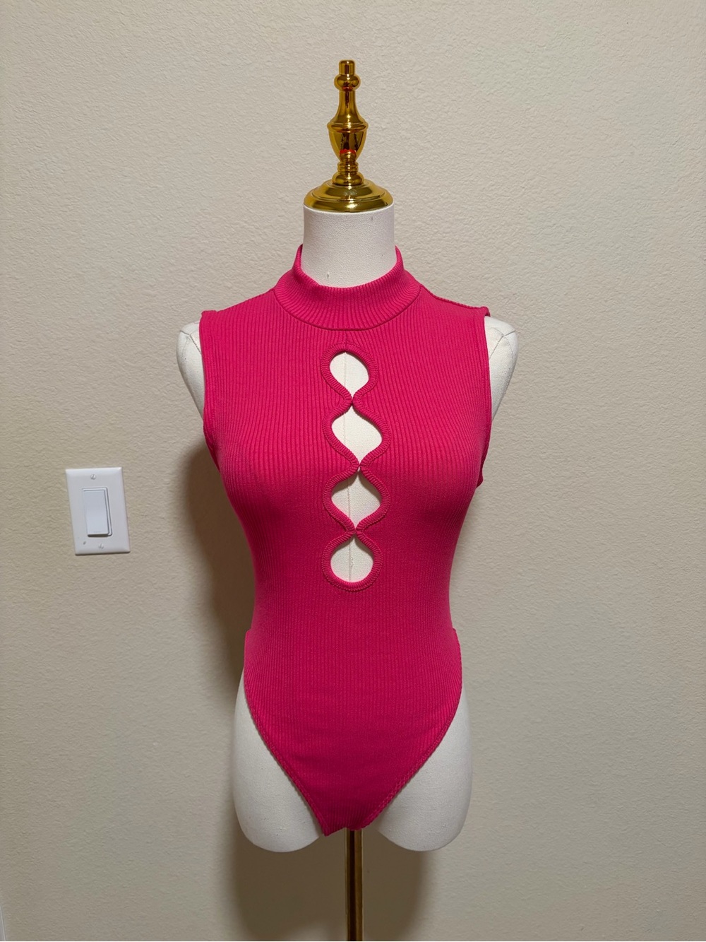 Zara Hot Pink Ribbed Sleeveless Bodysuit with Front Cutouts
